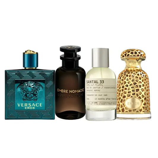Set de 4 Perfumes | Eros, Ombre Nomade, Santal 33, Emeer
