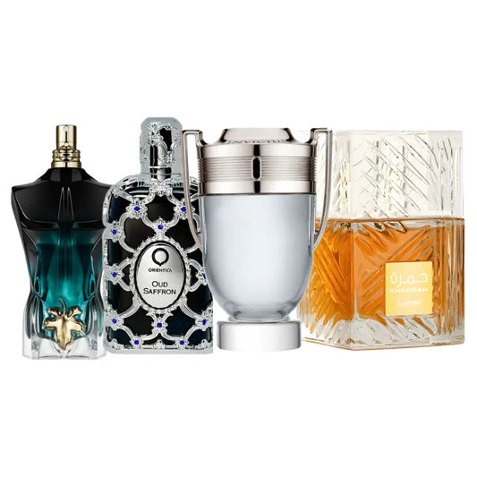 Set de 4 Perfumes | Oud Saffron, Invictus, Le Beau Le Parfum, Khamrah