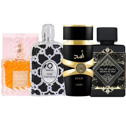 Set de 4 Perfumes | Asad, Oud For Glory, Khamrah, Oud Saffron