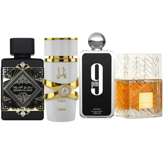 Set de 4 Perfumes | Oud For Glory, Yara Moi, Khamrah, 9pm