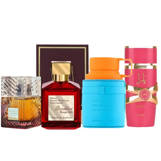 Set de 4 Perfumes | Khamrah Dukhan, Yara Candy, Rouge 540, Mandarina Sky
