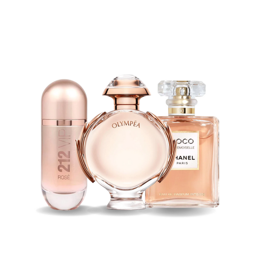 Set de 3 Perfumes | Carolina Herrera 212 VIP ROSÉ, Paco Rabanne OLYMPÉA a Chanel COCO MADEMOISELLE 100 ml